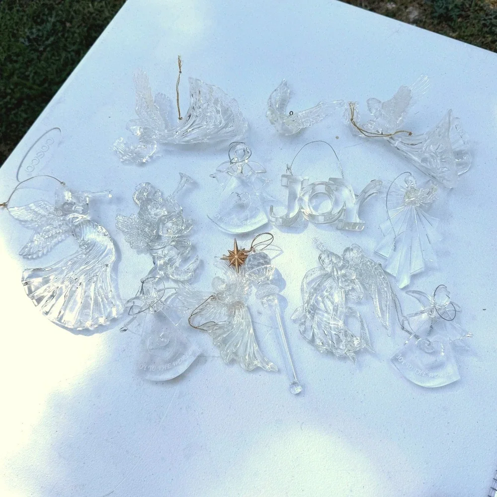 Christmas Ornament Lot 12pc Clear Acrylic Angels Joy Doves Clear